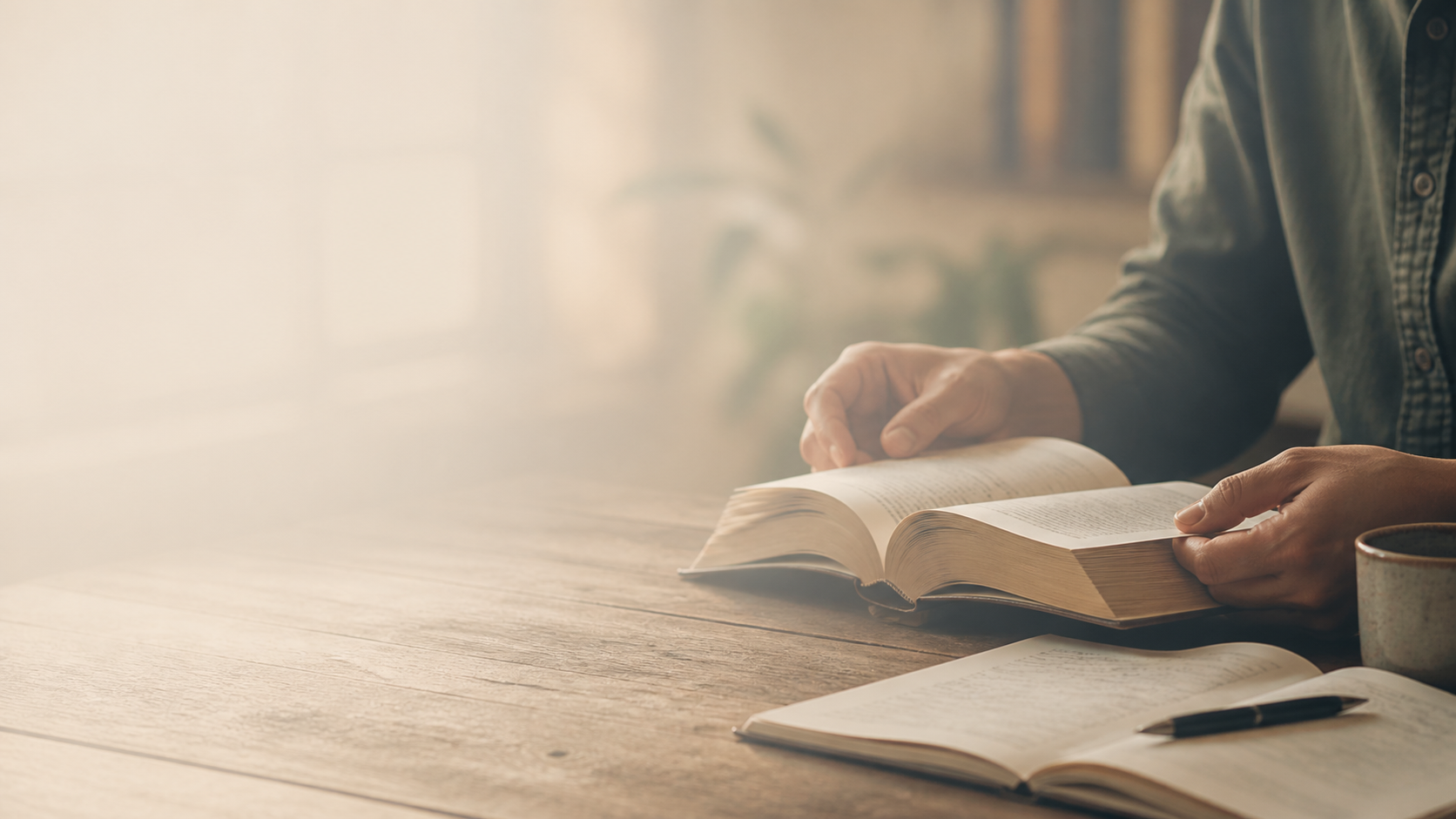 A person reading an open book at a wooden table beside a notebook and cup.